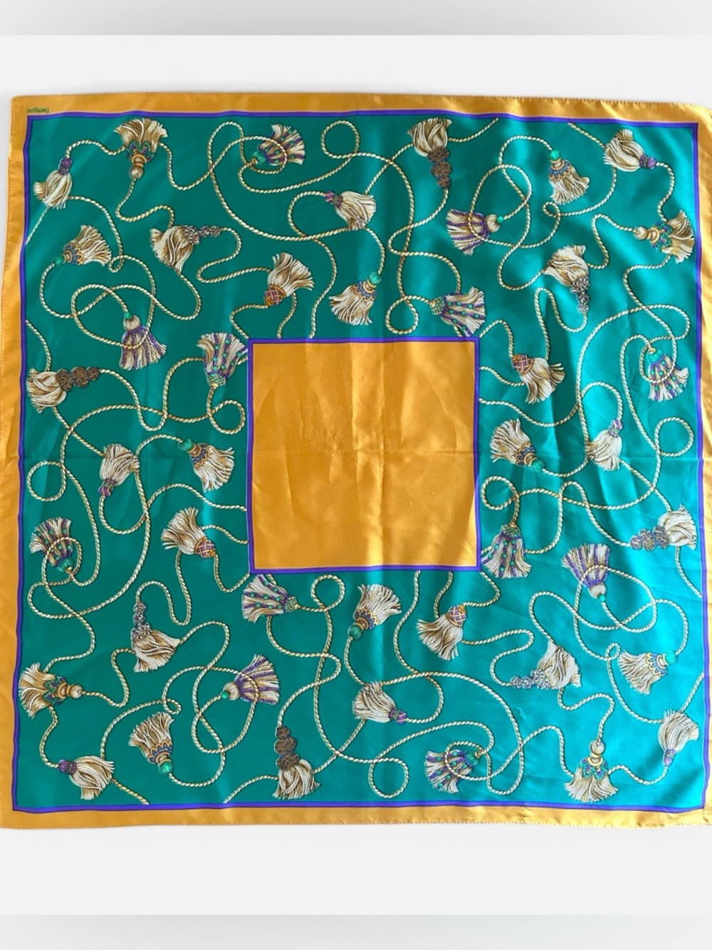 EMERAUDE SQUARE SILKY (POLY) TASSEL PRINT SCARF 31" PURPLE GREEN GOLD